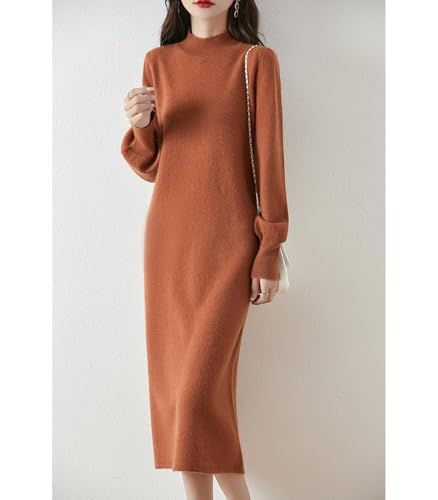 100% Merino Wool Sweater Dress Women's Mock Neck Lantern Sleeve Pullover Autumn Winter Knitted Long Dress2