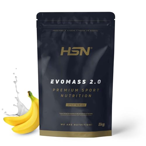Batido de Carbohidratos y Proteínas Vegetariano de HSN Evomass 2.0 | Sabor Plátano 1 Kg = 10 Tomas por Envase | Whey Protein y Proteína de Leche | Textura Cremosa | No-GMO, Sin Gluten