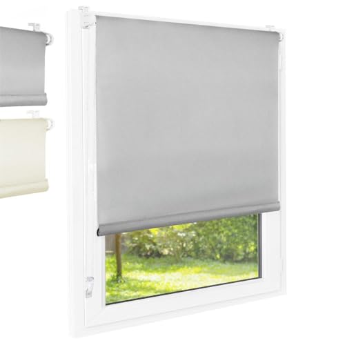 Foxx Thermo Rollo [FÜR Fenster Ohne Bohren] 65X220 Cm Grau/Innenrollo Blickdicht Als Sichtschutz/Klemmfix Montage/FüR Schlafzimmer, Wohnzimmer, KüChe, BüRo, Kinderzimmer-image