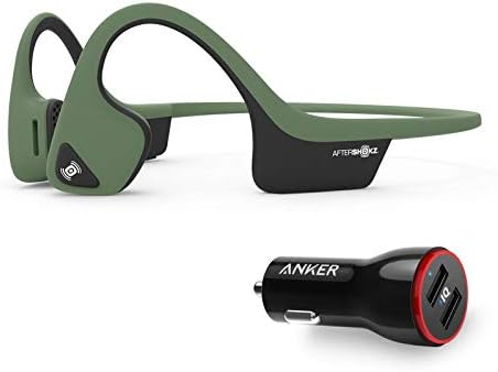 AfterShokz Trekz Air Wireless Bluetooth Conduction Sport Headphones Bundle with Anker 2-Port Car Charger - Forest Green