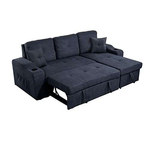 Moeo L-Shape Sleeper Sectional Sofa With Pull-Out Bed And Storage Space, Convertible Left/Right Couch W/Chaise Longue, 2 Cup Holders & Side Pockets For Living Room, Home, Apartment, 92", Dark Gray #TOP5