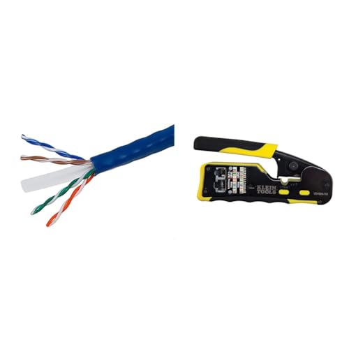 Image of Monoprice Cat6 Ethernet Bulk Cable, 550Mhz, 10G, UTP, 24AWG, 250 Feet, Blue & Klein Tools VDV226-110 Ratcheting Modular Data Cable Crimper /Wire Stripper /Cutter