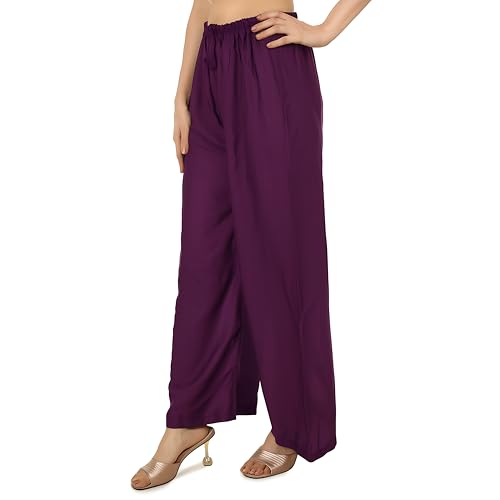 Image of Women's Rayon Palazzo Pants | Solid Color Wide Leg Trousers in 18 Shades | Elastic Waist Casual Bottoms XS-7XL | Comfortable