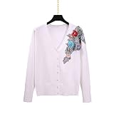 Broderie Perles Floral Cardigan Femmes Pull Chandail En V Nul Tops À Manches Longues Printemps (Color : White, Size : 4XL(75-82.5kg))