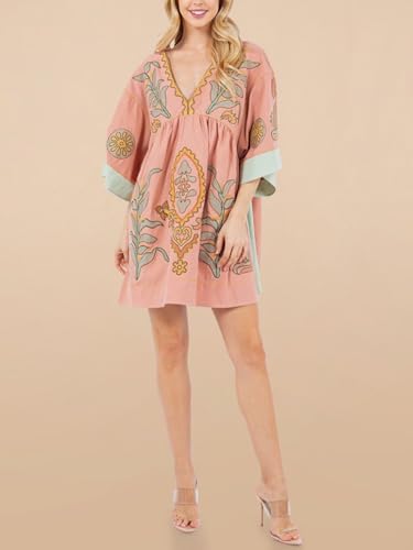Image of Joiemont Womens Oversized Embroidered Dress with V-Neck and 3 /4 Sleeves Vintage Embroidery Babydoll Dress
