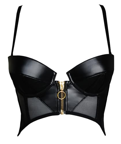 LOVE YOU SEXY Damen Kunstleder und Netz Balconette BH mit Front Offener Reißverschluss, Schwarz BH, 80B