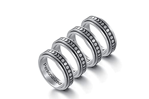 MZZJ BFF Ring for 4 Personazlied BFF Friendship Brushed Stainless Steel Vintage Moon Phase Shape Crescent Spinner Fidget Step Edges Anxiety MeditationRing Wedding Band,Graduation Gift for Best Friends