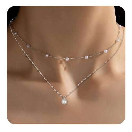 Silver Pearl Necklace Set, Dainty Pearl Choker Layered Prom Necklaces for Women White Pendant Necklace, Trendy Silver Jewelry for Women as Bride Gifts
