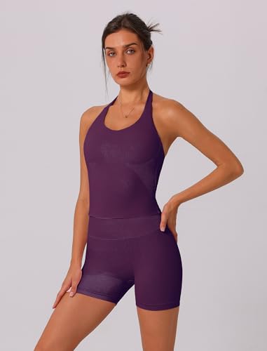 Image of ABOCIW Workout Sets for Women 2 Piece seamless Halter Sports Bra Scrunch Butt Impact Shorts Gym Yoga Outfits