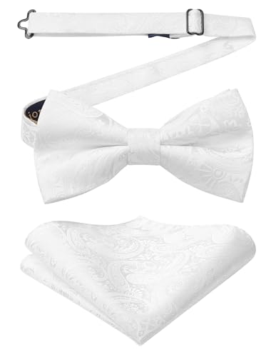 Enlision Weiß Fliege Herren Paisley Einstellbar Fliege Mit Einstecktuch für Hochzeit Anzug Smoking