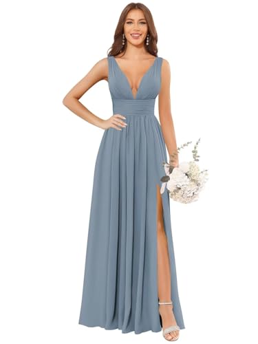 VGZ Women's Chiffon Bridesmaid Dresses V Neck Wedding Guest Dress with Slit Long A Line Formal Gown