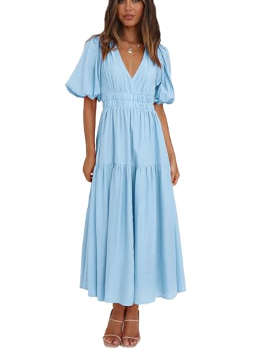Image of Womens Deep V Neck Puff Short Sleeve Tired Maxi Dress Boho Long Flowy Summer Dresses