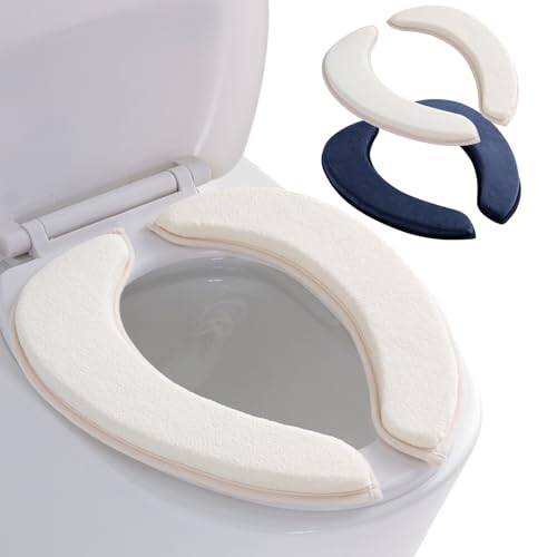 Soft Thicker Flannel Bathroom Toilet Seat Cover 2 Pack Non Slip Warmer Comfortable Seat Cushions with Memory Foam Easy Install with Self-Adhesive Tape Reusable Toilet Lid Cover (Off-White Navy)