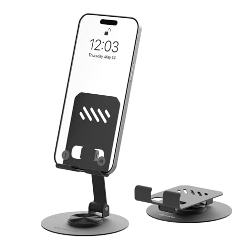 Image of Amkette Ergo 360 Alloy Mobile Stand for Desk, Foldable Design with Stable Rotational Metallic Round Base, Multiple Height & Angle adjustments for Smartphones, Tablets & iPad (Black)