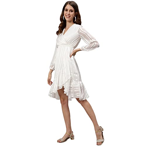 Image of ishin Women's Above Knee Length Silk Striped White Wrap Dress