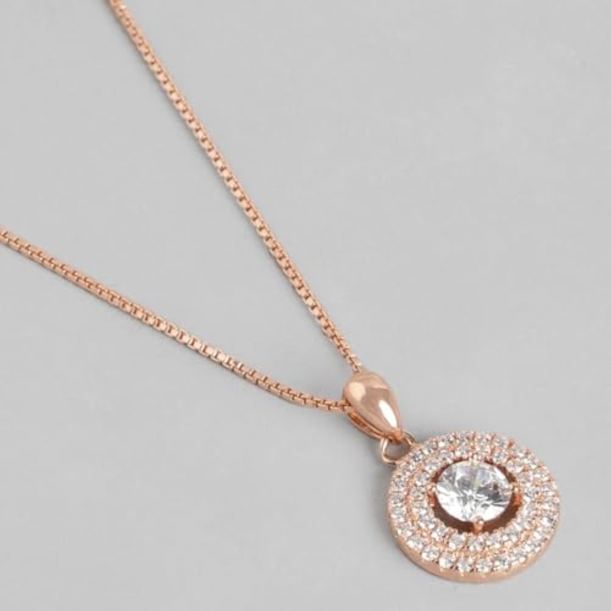 Women's 925 Sterling Silver Circular Solitaire Halo Pendant Chain, Rose Plated