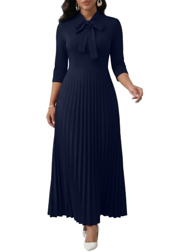 Image of FANDEE Maxi Dress for Women Formal 3 /4 Sleeve Pleated Empire Long Dress Semi Formal Tie Neck Office Work Dresses