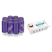 Best Pet Supplies Dog Poop Bags and Pet Grooming Wipes Bundle - 150 Count Purple Leak-Proof Waste Bags and 100 Count Coconut Plant-Based Moisturizing Wipes for Dogs and Cats