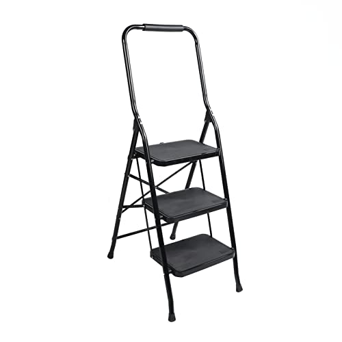 Plyisty Escalera de 3 Peldaños, Taburete Plegable, con Almohadillas de Goma y Asa, Pedal Ancho Antideslizante, de Bloqueo y Desbloqueo, para Proyectos de Interior o Exterior