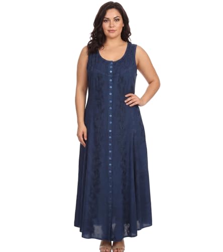 Image of Sakkas Maya Floral Embroidered Sleeveless Button Up Rayon Dress