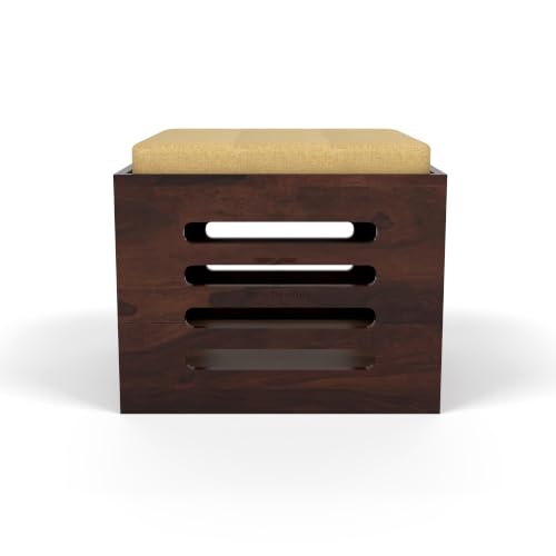 Image of ONIJA Solid Sheesham Wood Coffee Table with 4 Stools | Rosewood Centre Table with Cushioned Stool for Living Room (Urban, Walnut Finish)