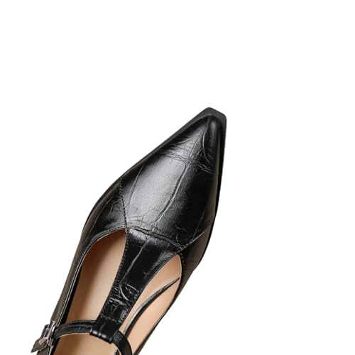 TinaCus Handmade Women's Genuine Leather Pointed Toe T-Strap Buckle Chunky Heel Mary Jane Pumps2