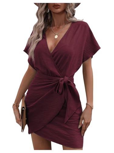 Floerns Womens Fall Fashion Cocktail Wrap Deep V Neck Dress Tie Side Dolman Sleeve Summer Short Dresses Burgundy Large