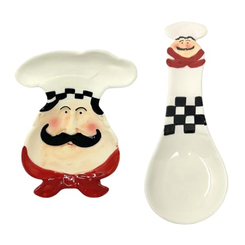 Fat Chef Spoon Rest and Kitchen Plate 2 Item Bundle Italian Bistro Cooking Home Dcor Ceramic and Hand Painted