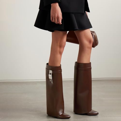 Image of Arqa Knee High Boots Womens Wedge High Heels Shark Boots Fold Over Pull-on Pointed Toe Tall Fashion Boots for Women