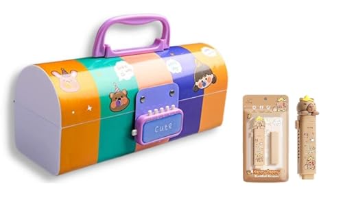 Image of WORSHIPER New Cartoon Theme Pencil Box with Push Pull Eraser Set for Kids | Suitcase Style Password Lock Stationery Organizer | School Supplies Gift Combo for Boys & Girls (Cute Multi + Eraser)