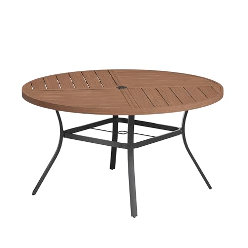 Image of VICLLAX Round Patio Table with Adjustable Umbrella Hole for 6, All Weather Metal Outdoor Dining Table for Lawn Garden, 50 inch Outdoor Coffee Table, Walnut Wood-Like Tabletop