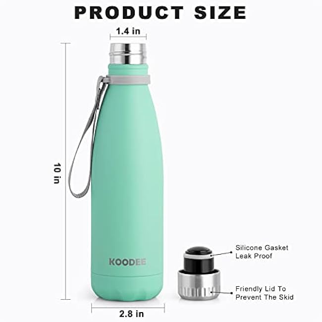 koodee Kids Insulated Water Bottle 2 Pack-17 oz Stainless Steel Double Wall Vacuum Insulated Water Bottle for School, Cola Shape Leak Proof Sports Flask (Aquamarine Blue-Sky Blue)
