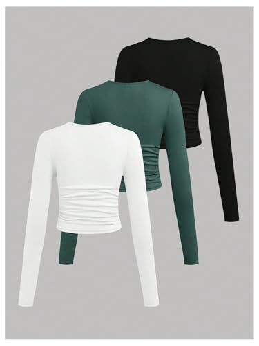 Floerns Girl's 3 Pcs Long Sleeve T Shirts Round Neck Ruched Solid Tee Shirts2