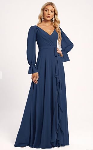 Women's Ruffles Sleeves Bridesmaid Dresses with Pockets Long A Line Empire Waist Chiffon Formal Prom Dress S114
