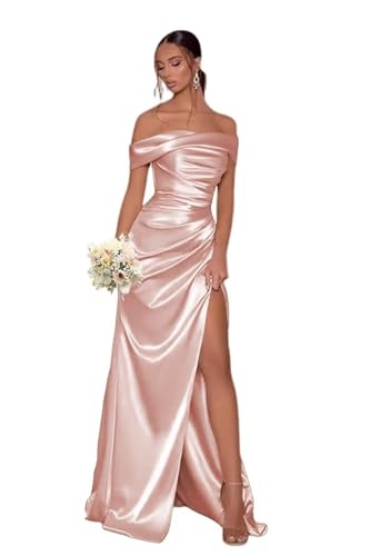 Off The Shoulder Bridesmaid Dresses with Split Satin Pleated Mermaid Long Bridesmaid Dress TM30