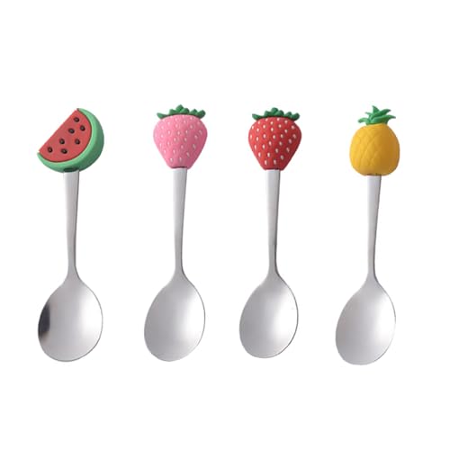 Amosfun CuillèRes Enfant CréAtives En Acier Inoxydable - Ensemble De 4 CuillèRes Fruits (Fraise, Ananas, PastèQue) - IdéAles Pour Desserts, Yaourts, Glaces - 11,5 Cm