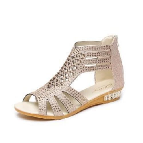 Sandals for Women 2025 Comfortable Rhinestones Sparkly Open Toe Shoes Low Heel Wedge Non-Slip Shoes Zipper Back Gladiator Sandals