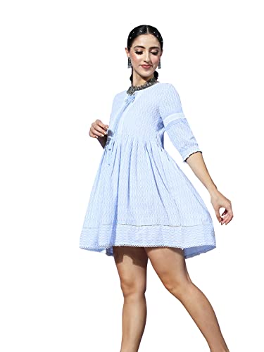 Image of ishin Women's Cotton Embroidered A-Line Mini Dress