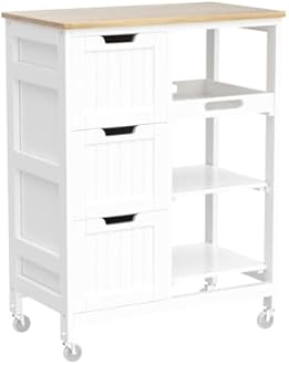 Yaheetech Kitchen Island Cart on Wheels, Rolling Storage Cart with Bamboo Countertop, 3 Drawers, 3 Removable Shelves & Lockable Casters for Dining Room, Bar, White