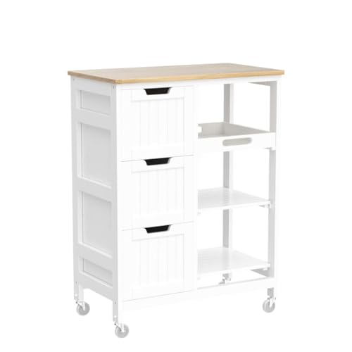 Yaheetech Kitchen Island Cart on Wheels, Rolling Storage Cart with Bamboo Countertop, 3 Drawers, 3 Removable Shelves & Lockable Casters for Dining Room, Bar, White