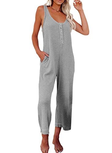 Happy Sailed Womens Summer Jumpsuits Sleeveless Scoop Neck Tank Top Long Thermal Knit Pants Rompers With Pockets Gray M #TOP24