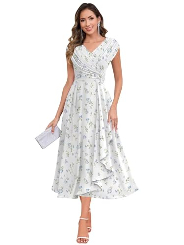 Image of BOLENSYE Petite Mother of The Bride Dresses for Wedding Tea Legnth Chiffon Lace Floral White Formal Gown Plus Size US24W