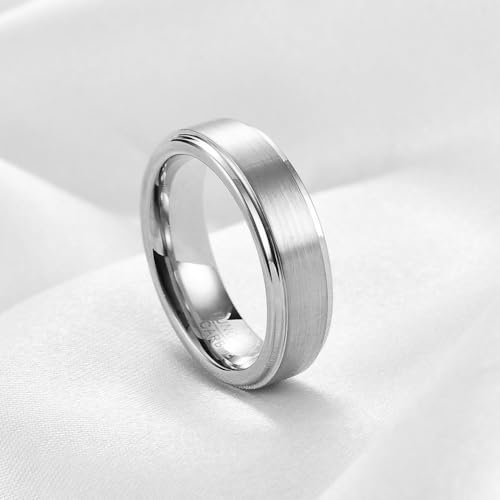 VQYSKO Tungsten Ring for Men, 6mm-8mm Width, Gold, Silver, Matte Brushed Finish, Comfort Fit, Size 6-12 (Silver-6mm, 10)