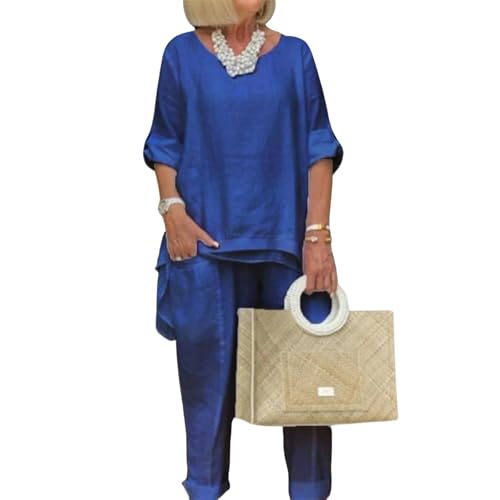 Linen 2 Piece Set for Women Plus Size Dressy Casual Cotton Linen Outfits Long Sleeve Shirts Wide Leg Trousers