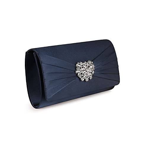 Image of Evening Bags For Women Pleated Satin Rhinestone Brooch Prom Clutch Purse With Detachable Chain Strap