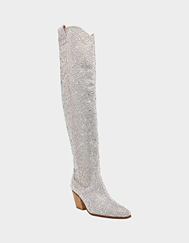 Atuelang Cowboy Boots Women Rhinestone Sparkly Thing High Wide Calf Boots Chunky Block Heel Cowgirl Boots Over The Knee Pointed Toe Bridal Bling Western Pull On Wedding Dress Fashion Trending Boots Silver Size 8 #TOP2