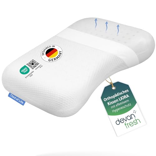 Cuscino ortopedico per il collo LIORA, cuscino ergonomico in memory foam, cuscino per chi dorme sul fianco, cuscino di sostegno per il collo con tecnologia Devan Fresh per chi soffre di allergie.