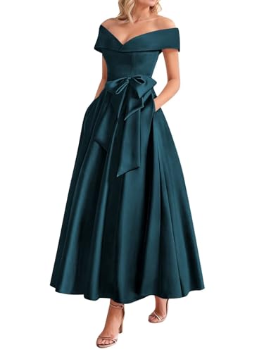 Off The Shoulder Satin Mother of The Bride Dresses for Wedding with Bow Tea Length Formal Evening Gowns