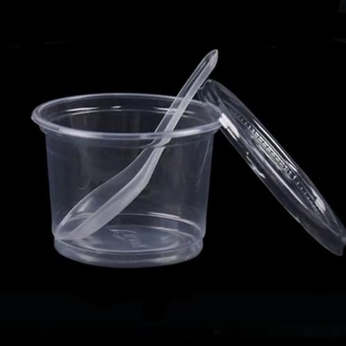 WhiteForest カップ アイスクリーム 100個セット 使い捨て ふた付き テイク ゼリ プラスチック製 透明式 業務用 調味料入れ 250ML (300ml(100個),フラットカバー+スプーン本)