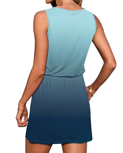 Image of AUSELILY Womens Summer Dress Casual Sleeveless Drawstring Short Dresses | Adjustable drawstring waist for a custom fit, plus 2 side pockets-perfect beach-to-street sundress